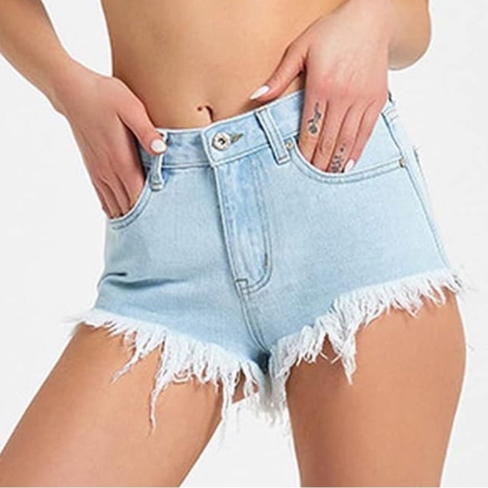 Cello Shredded Irregular Denim High Waist Shorts Hot Pants with Pockets Sz M